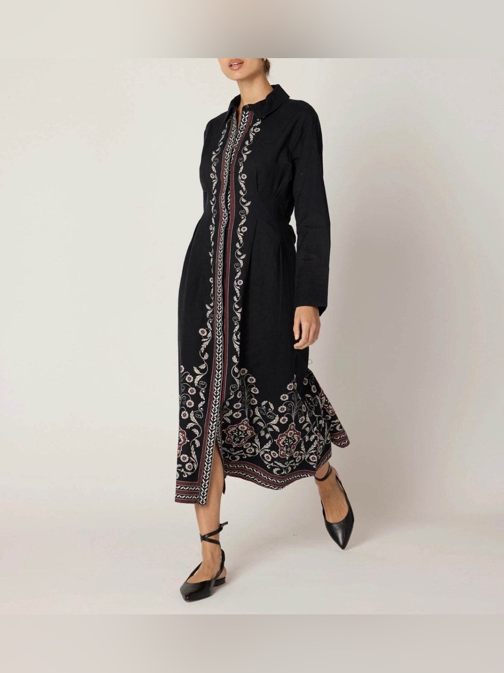 Cleobella Mirela Black Long Sleeve Embroidered Shirt Dress Medium